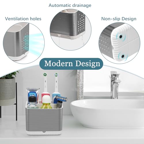 PARKMANI Toothbrush Holders for Bathrooms, Kids Electric Toothbrush and Toothpaste Holder, Brushed Nickel Toothbrush Caddy, Tooth Brushing Stand for Bathroom Organizer Countertop (Brushed Silver) - Image 4