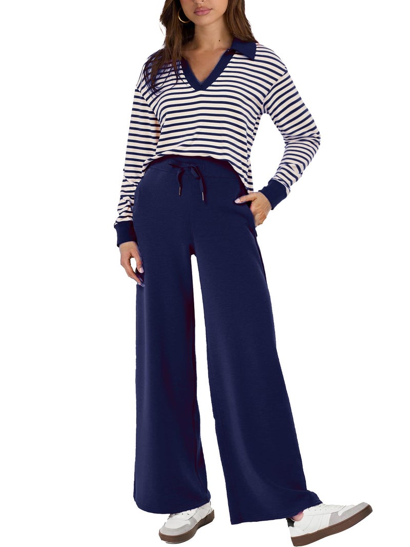 Glamaker Womens Sets 2 Piece Outfits Striped Casual Loose Long Sleeve Sweatsuits Matching Pants SetsTravel Outfits Striped Navy Blue S