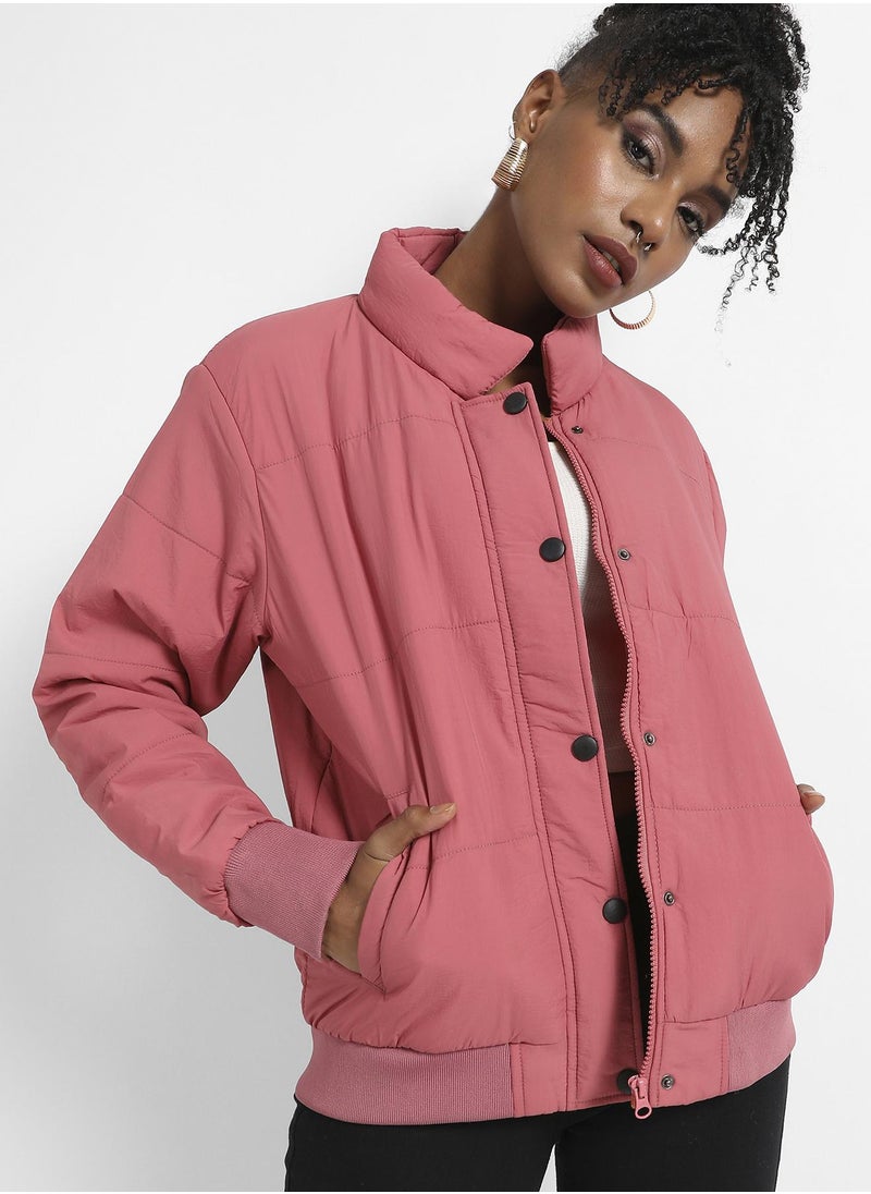 Campus Sutra - Women's Blush Pink Puffer Jacket With Ribbed Hem - Image 1
