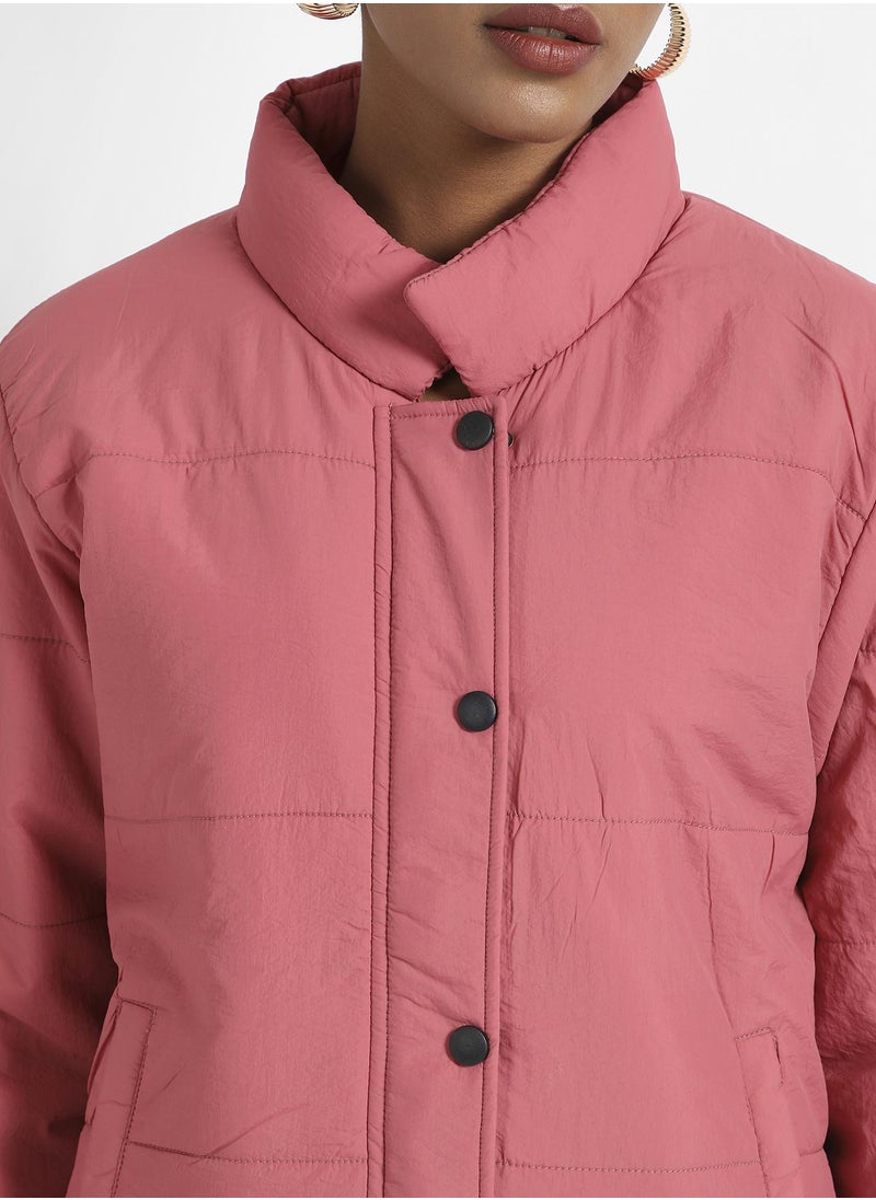 Campus Sutra - Women's Blush Pink Puffer Jacket With Ribbed Hem - Image 1