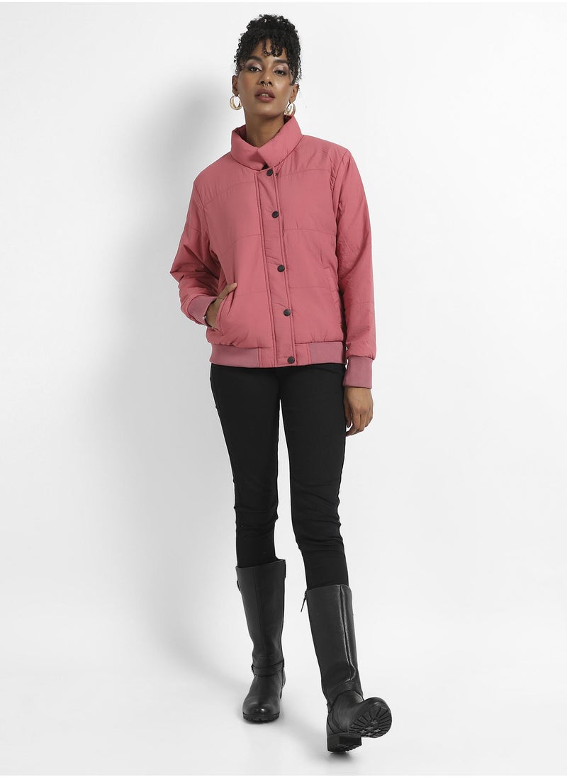Campus Sutra - Women's Blush Pink Puffer Jacket With Ribbed Hem - Image 1