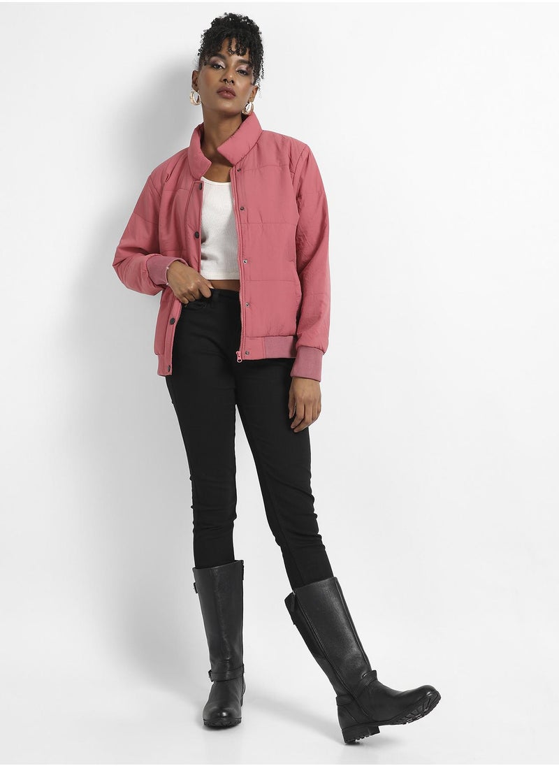 Campus Sutra - Women's Blush Pink Puffer Jacket With Ribbed Hem - Image 1