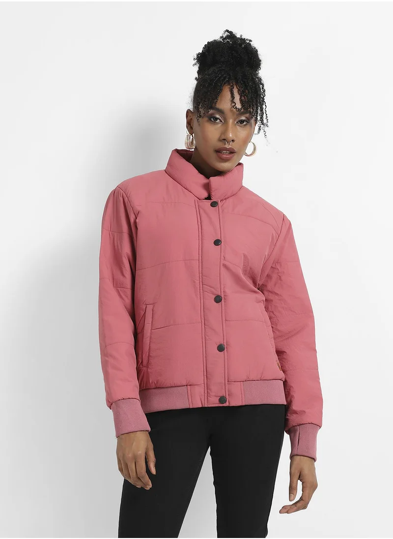 Campus Sutra Women's Blush Pink Puffer Jacket With Ribbed Hem