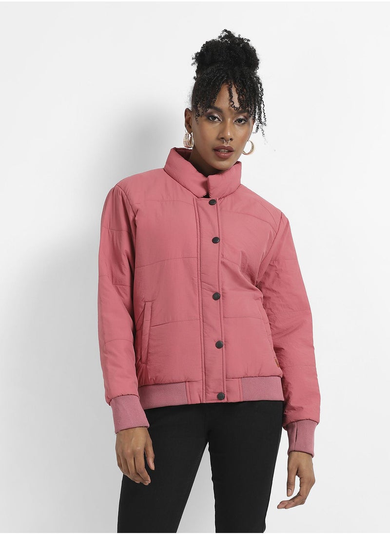 Campus Sutra - Women's Blush Pink Puffer Jacket With Ribbed Hem - Image 1