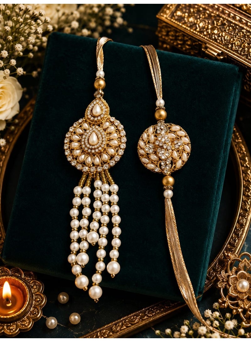 Bhaiya Bhabhi Rakhi Set, Pearl and Stone Embellished