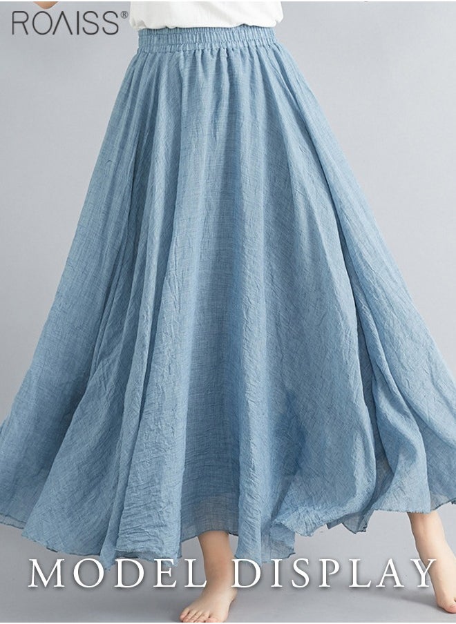 roaiss - Women Cotton Bohemian Beach A-Line Dress Double Layer Elastic Waist Long Maxi Skirt for Ladies Elegant Temperament Casual Outfit - Image 1