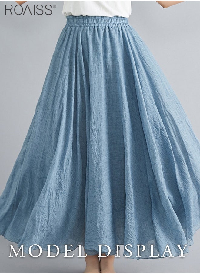 roaiss - Women Cotton Bohemian Beach A-Line Dress Double Layer Elastic Waist Long Maxi Skirt for Ladies Elegant Temperament Casual Outfit - Image 1