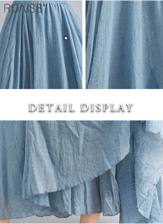roaiss - Women Cotton Bohemian Beach A-Line Dress Double Layer Elastic Waist Long Maxi Skirt for Ladies Elegant Temperament Casual Outfit - Image 1