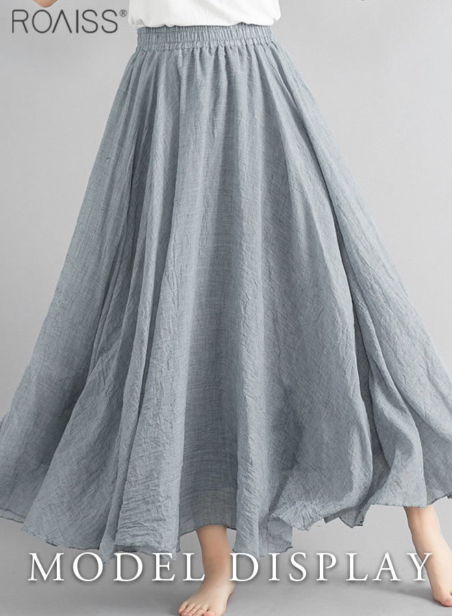 roaiss Women Cotton Bohemian Beach A-Line Dress Double Layer Elastic Waist Long Maxi Skirt for Ladies Elegant Temperament Casual Outfit - Image 3