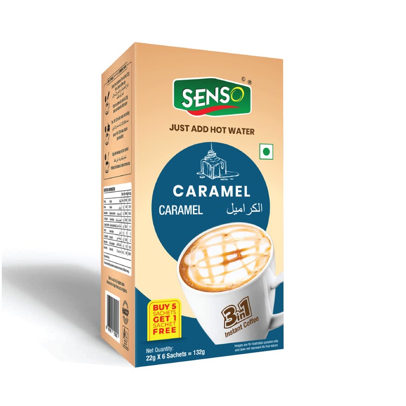SENSO Instant Caramel Coffee Latte Premix|Hot & Cold Coffee|Premix Readymade Mix Pouch|Easy To Carry|Instant Coffee Powder Premix Sachets (Caramel) (5+1 Free),Pack Of 1,170 Gram - Image 1
