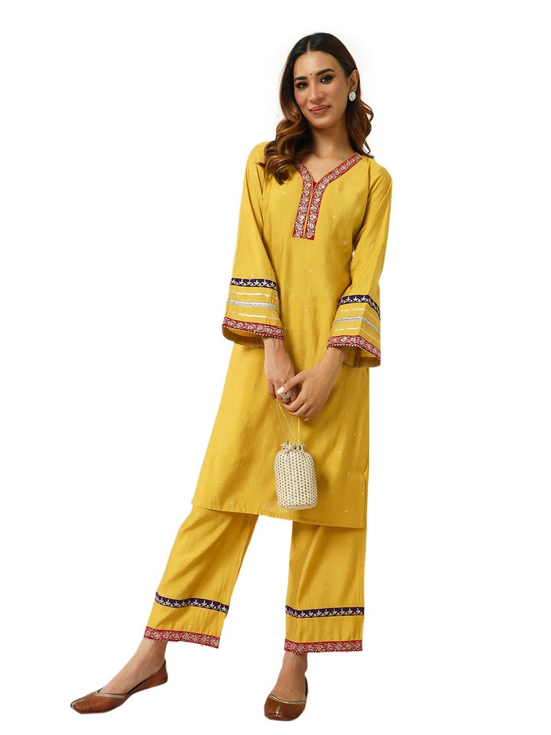 FIORRA Women's Yellow Chanderi Straight Kurta and Palazzo Set SET0161 - Image 1