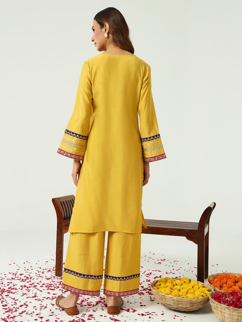 FIORRA Women's Yellow Chanderi Straight Kurta and Palazzo Set SET0161 - Image 2