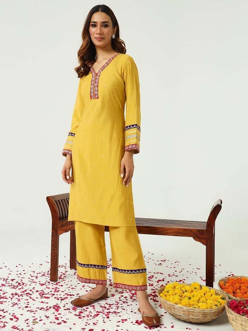 FIORRA Women's Yellow Chanderi Straight Kurta and Palazzo Set SET0161 - Image 3