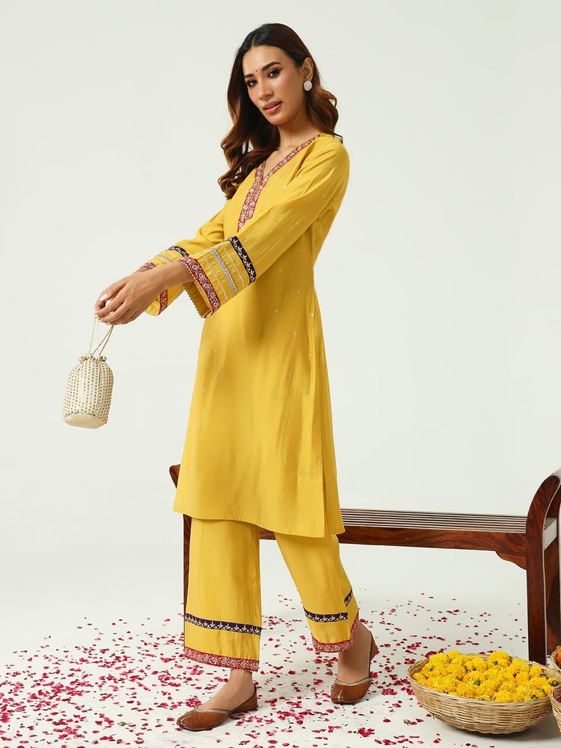 FIORRA Women's Yellow Chanderi Straight Kurta and Palazzo Set SET0161 - Image 4