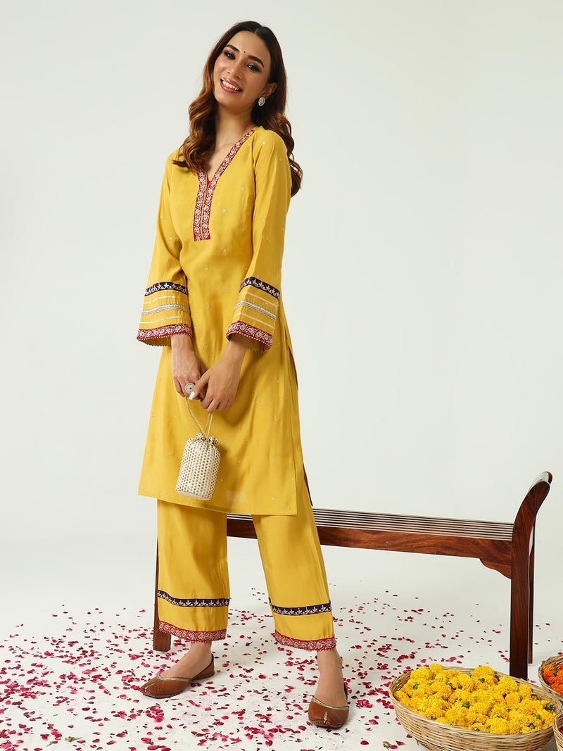 FIORRA Women's Yellow Chanderi Straight Kurta and Palazzo Set SET0161 - Image 5