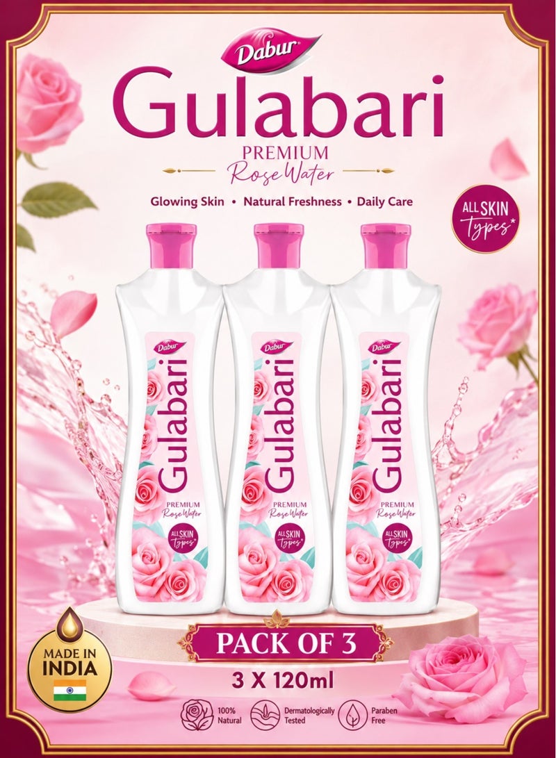 Dabur Gulabari Premium Rose Water Facial Cleansing Toner 3 X 120ml - Image 1