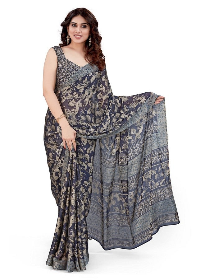 MIRCHI FASHION MIRCHI FASHION Chiffon Georgette Floral Printed Sarees for Women with Blouse Piece (37914-Navy Blue, Beige)  - Image 1