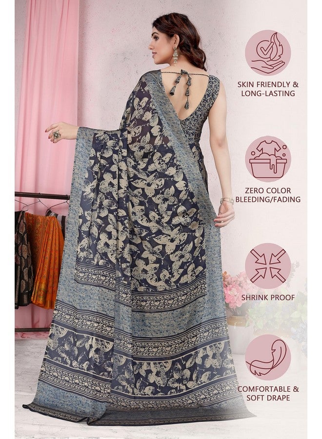 MIRCHI FASHION MIRCHI FASHION Chiffon Georgette Floral Printed Sarees for Women with Blouse Piece (37914-Navy Blue, Beige)  - Image 4