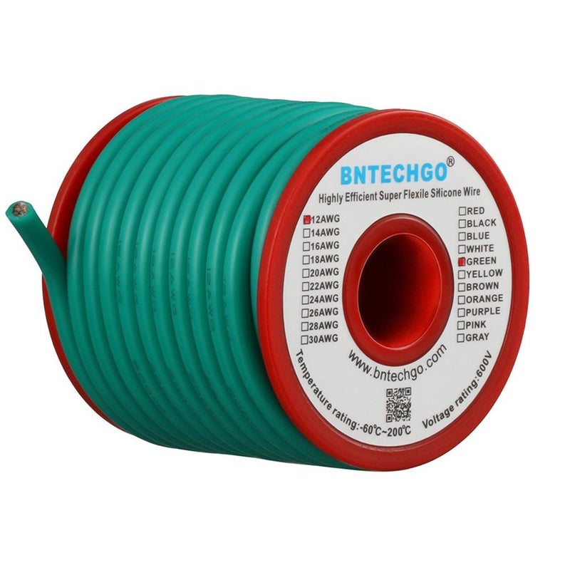 BNTECHGO 12 Gauge Silicone Wire Spool 25 ft Green Flexible 12 AWG Stranded Tinned Copper Wire - Image 1
