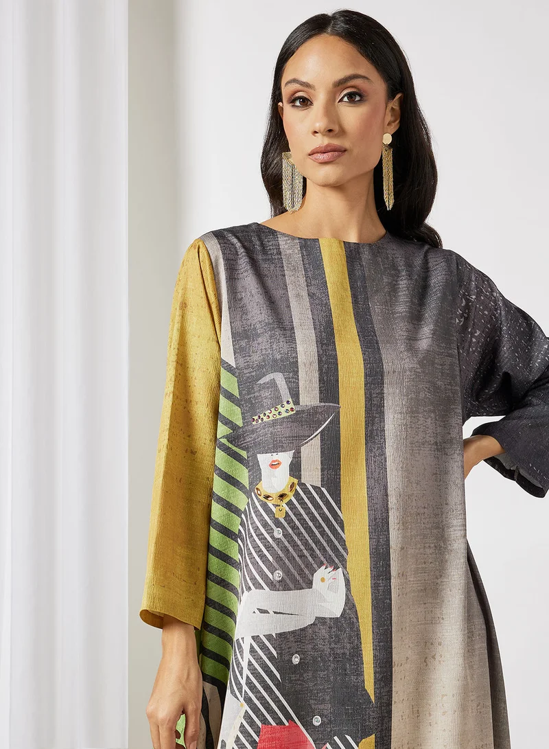Thouq Printed Oversized Jalabiya