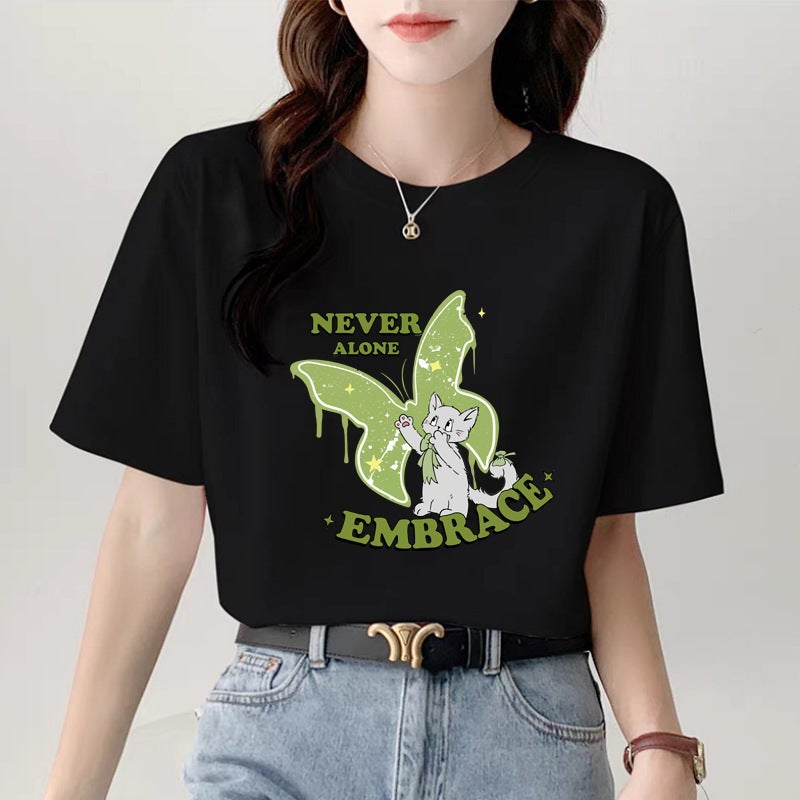 2025 Black Short T-Shirt Women'S Short-Sleeved Shoulder Loose Cartoon Texture Half-Sleeved Trendy T-Shirt - Image 2