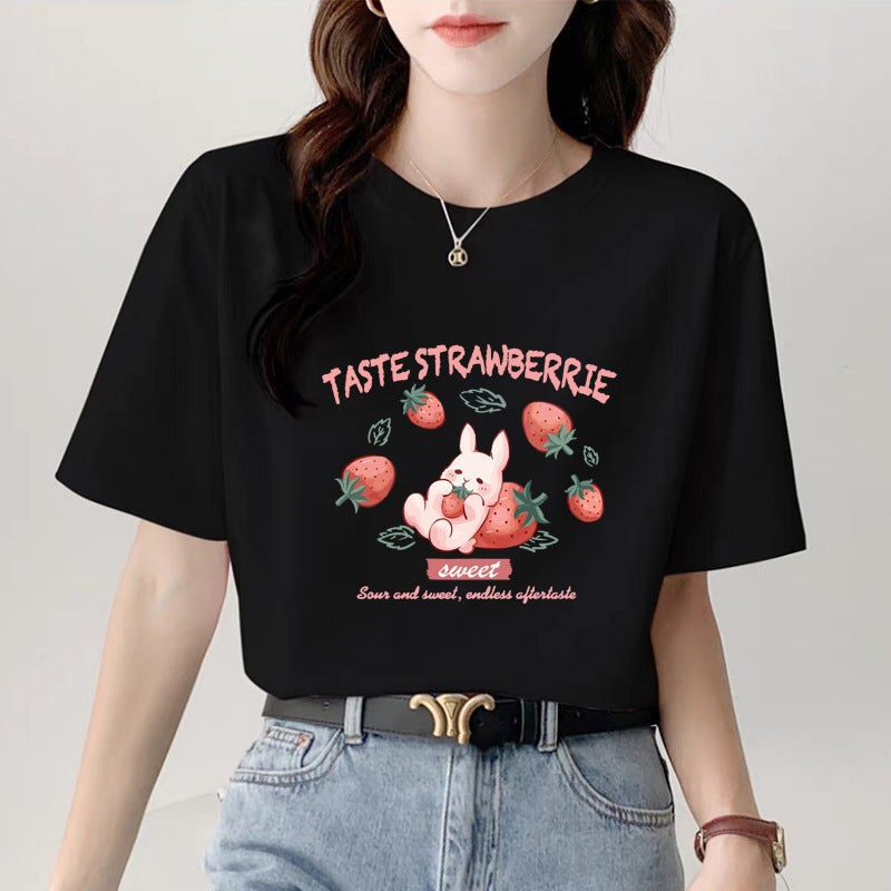 2025 Black Short T-Shirt Women'S Short-Sleeved Shoulder Loose Cartoon Texture Half-Sleeved Trendy T-Shirt - Image 3