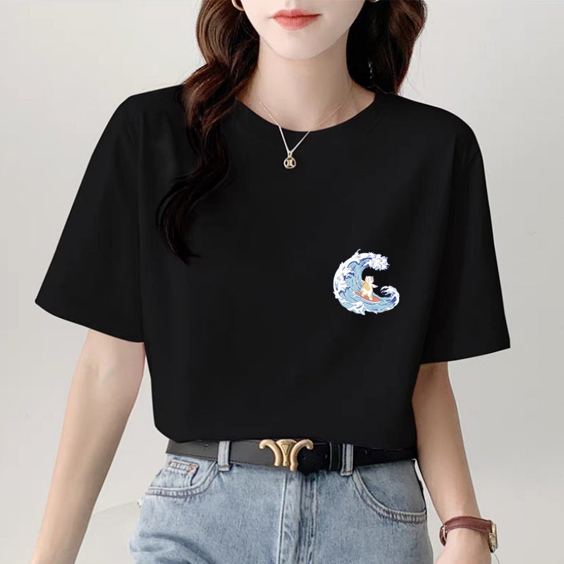 2025 Black Short T-Shirt Women'S Short-Sleeved Shoulder Loose Cartoon Texture Half-Sleeved Trendy T-Shirt - Image 1