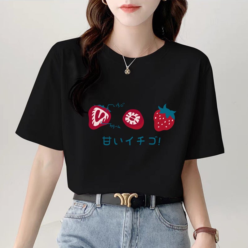 2025 Black Short T-Shirt Women'S Short-Sleeved Shoulder Loose Cartoon Texture Half-Sleeved Trendy T-Shirt - Image 4