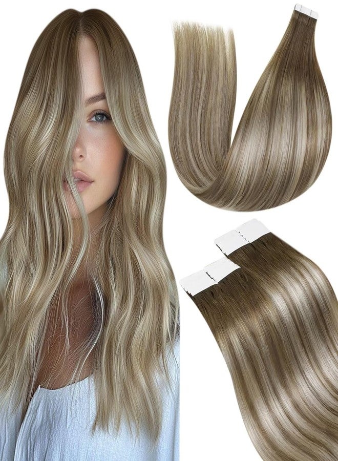 LaaVoo Hair Extensions Tape in Human Hair Tape in Extensions Balayage Light Brown to Platinum Blonde with Brown Tape in Hair Extensions Real Human Hair Invisible 20pcs 30g 12 Inch - Image 1