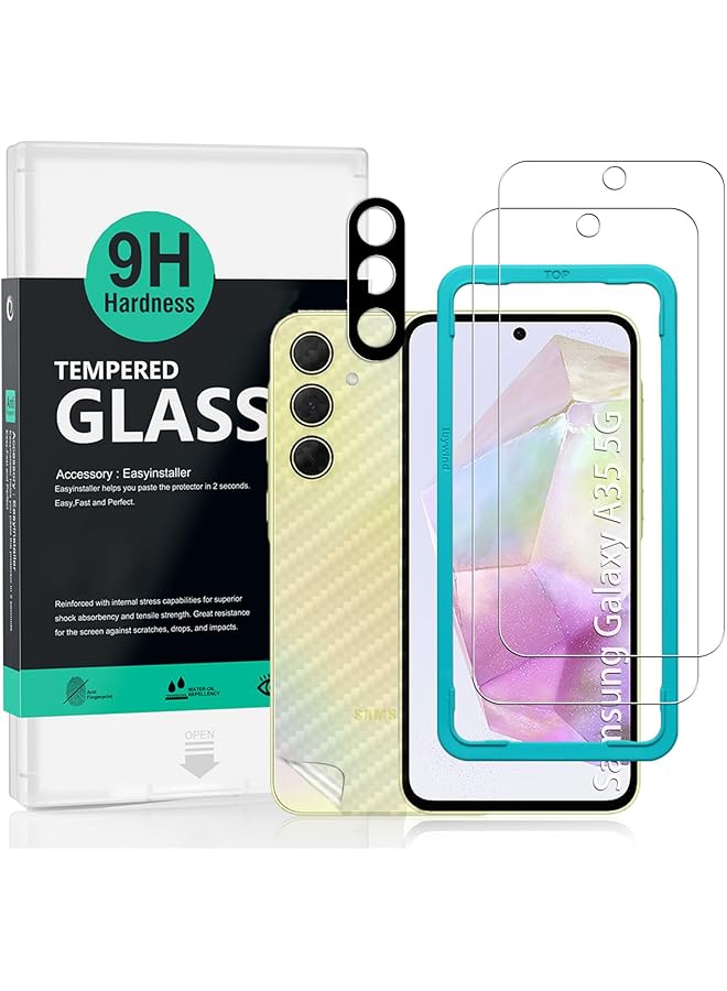 إيروريكس عبوة من قطعتين من واقي الشاشة لهاتف Samsung Galaxy A35 5G مقاس 6.6 بوصة، زجاج مقوى بدرجة صلابة 9H، مع قطعة واحدة من واقي عدسة الكاميرا، قطعة واحدة من غشاء ألياف الكربون الخلفي، سهل التركيب - Image 1