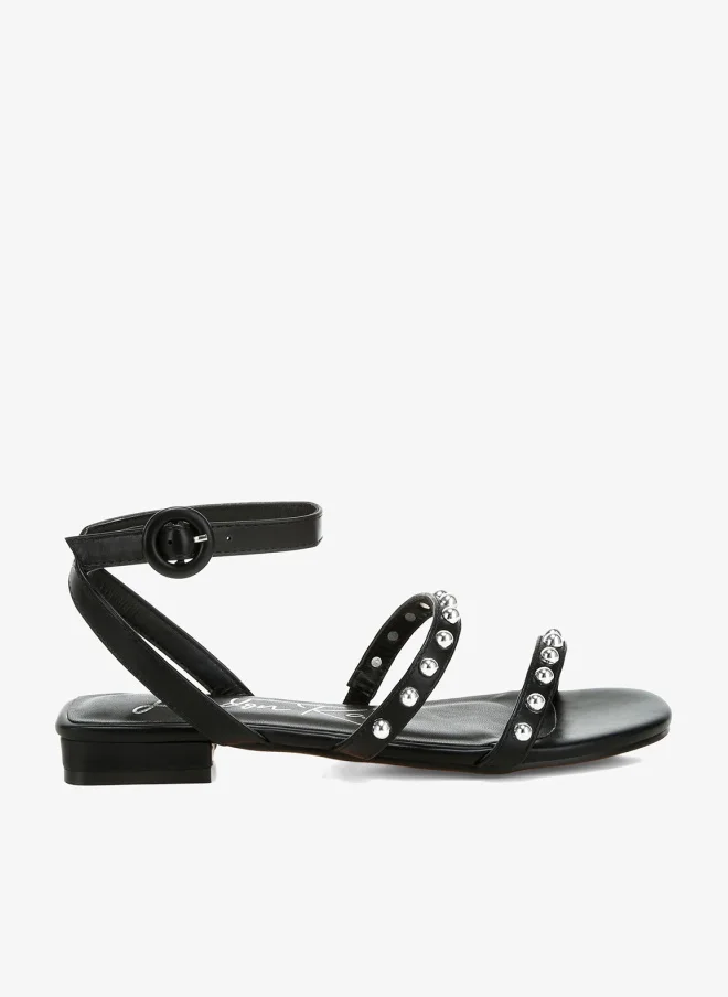 Studded Ankle Strap Flat Sandals in Black