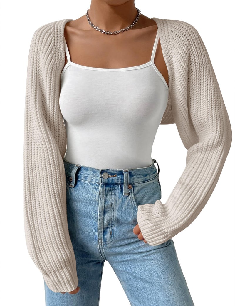 SECRETEYARD Women's Long Sleeve Open Front Knitted Crop Cardigan Drop Shoulder Knit Bolero Shrug Sweater Grey White - Image 1