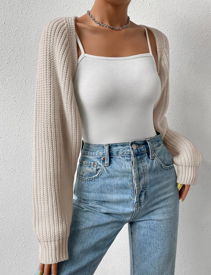 SECRETEYARD Women's Long Sleeve Open Front Knitted Crop Cardigan Drop Shoulder Knit Bolero Shrug Sweater Grey White - Image 3