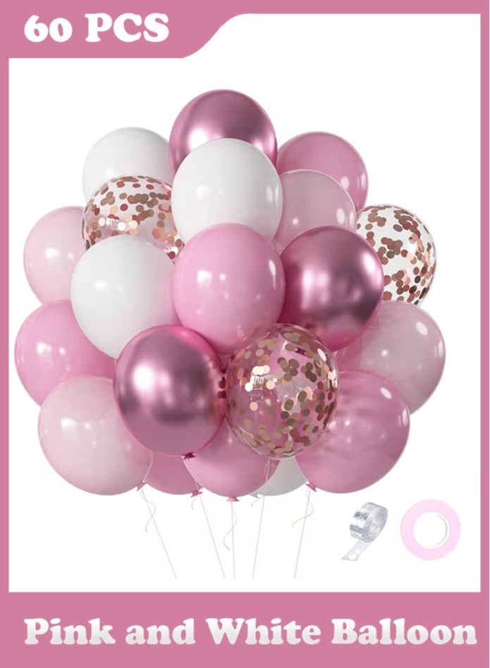 60 Pieces Pink and White Balloon Set with Ribbons for Wedding, Birthday, Girls Baby Shower Decorations - Image 1