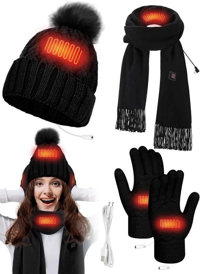 Cutecrop 3 Pcs USB Heated Hat Scarf Gloves Set for Winter Heated Knitted Beanie Hats Touch Screen Heated Hand Warmer Gloves Heated Neck Warmer for Men Women Warmer Gift (Black,Elegant Style) - Image 1