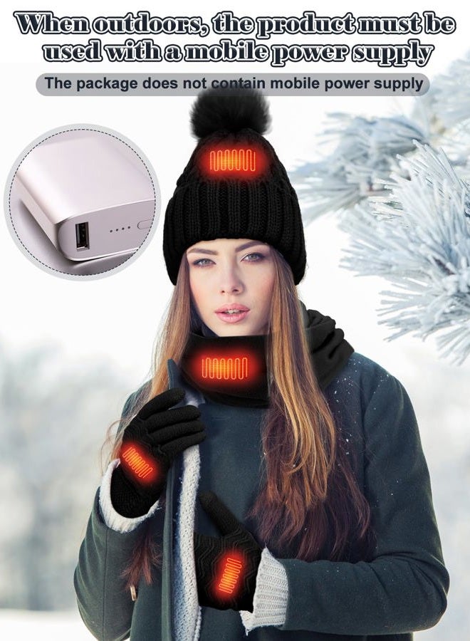 Cutecrop 3 Pcs USB Heated Hat Scarf Gloves Set for Winter Heated Knitted Beanie Hats Touch Screen Heated Hand Warmer Gloves Heated Neck Warmer for Men Women Warmer Gift (Black,Elegant Style) - Image 5