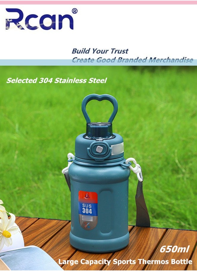 Rcan - Stainless Steel Sports Kettle Large Capacity Thermos Cup Sealed Leak Proof Wear Resistant Vacuum Portable Strap Thermal Insulation Coffee Cup Travel Outdoor Office Beverage Hot Drink Tea 650ml - Image 1