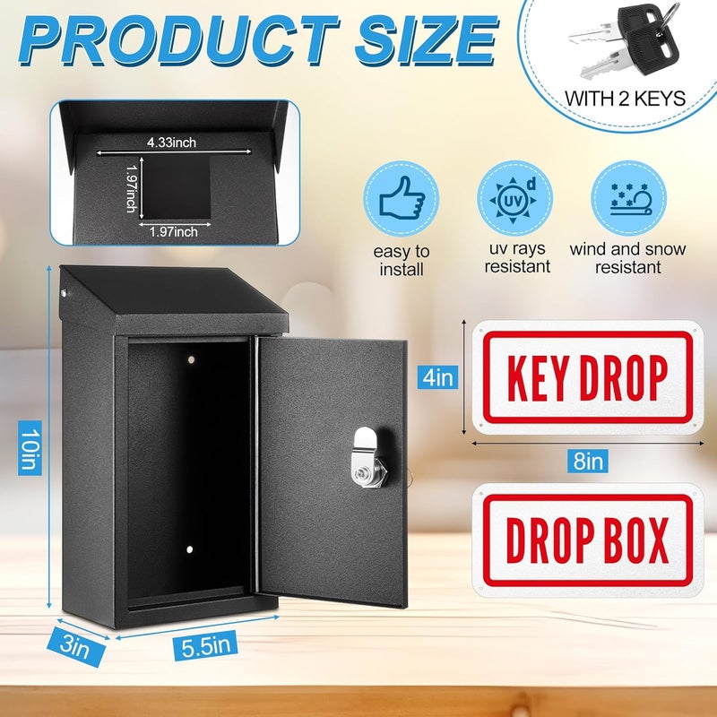 Yaocom Metal Mount Wall Donation Box Key Lock Money Cash Drop Box with Top Slot and 2 Pcs Reflective Sign 10 x 5.5 x 3 Inch Safe Lock Mailbox with 2 Keys for Outside Office Business Home(Black) - Image 2