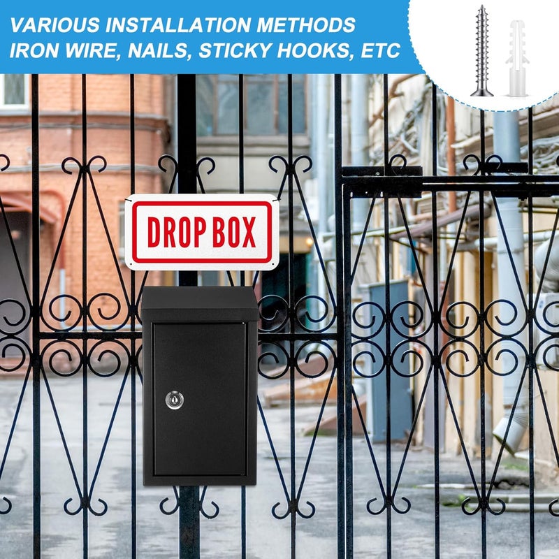 Yaocom Metal Mount Wall Donation Box Key Lock Money Cash Drop Box with Top Slot and 2 Pcs Reflective Sign 10 x 5.5 x 3 Inch Safe Lock Mailbox with 2 Keys for Outside Office Business Home(Black) - Image 5