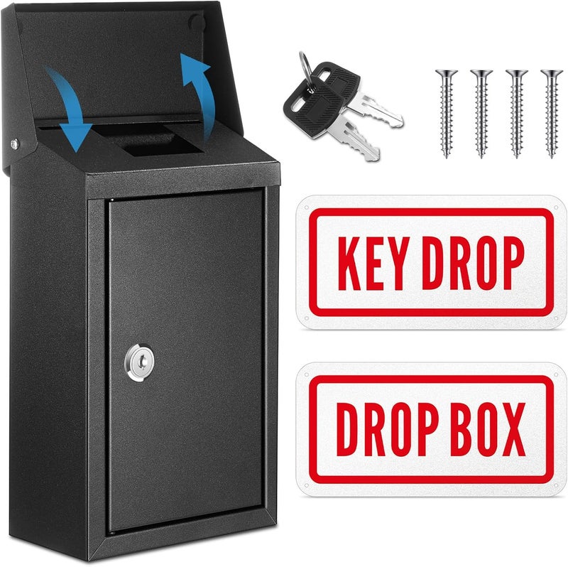 Yaocom Metal Mount Wall Donation Box Key Lock Money Cash Drop Box with Top Slot and 2 Pcs Reflective Sign 10 x 5.5 x 3 Inch Safe Lock Mailbox with 2 Keys for Outside Office Business Home(Black) - Image 1