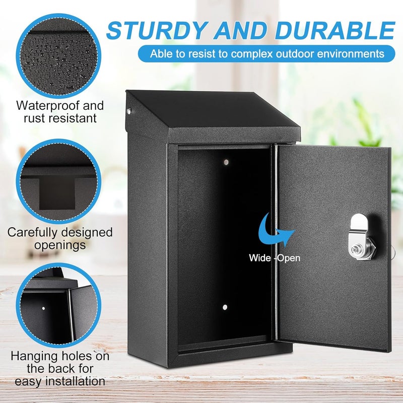 Yaocom Metal Mount Wall Donation Box Key Lock Money Cash Drop Box with Top Slot and 2 Pcs Reflective Sign 10 x 5.5 x 3 Inch Safe Lock Mailbox with 2 Keys for Outside Office Business Home(Black) - Image 3