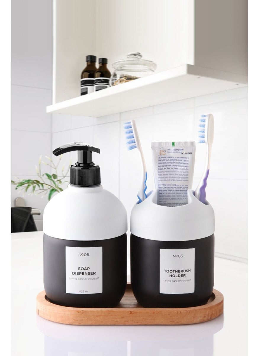 Nandy Home Luxury Glass Set of 2 with Wooden Base Cool Soap and Toothbrush Holder - Bathroom Set White  - Image 1