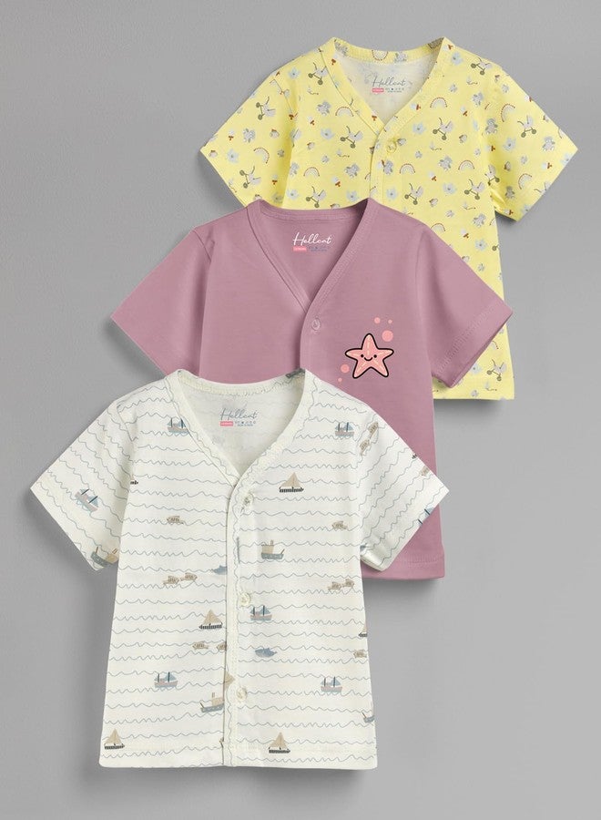 HELLCAT 100% Cotton Front Open Jhabla Vest & T Shirt for Babies - Pack of 1 (Unisex, 0-18 Months, Short Sleeve)_Cream/Brown/Yellow_6-12 Month - Image 2