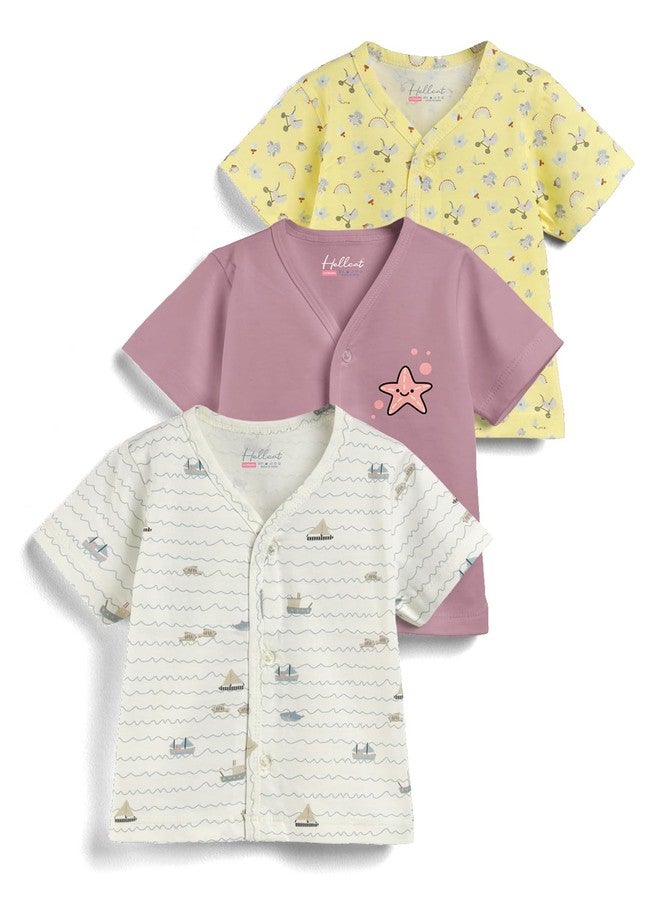 HELLCAT 100% Cotton Front Open Jhabla Vest & T Shirt for Babies - Pack of 1 (Unisex, 0-18 Months, Short Sleeve)_Cream/Brown/Yellow_6-12 Month - Image 1