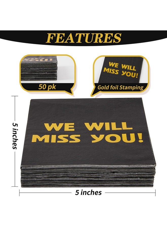 Sllyfo Retirement Party Decorations - 50PK - Retirement Napkins Going Away Party Decorations, 5x5 Inches We Will Miss You Napkins for Farewell Decorations Party Graduation Work Supplie Black and Gold - Image 2