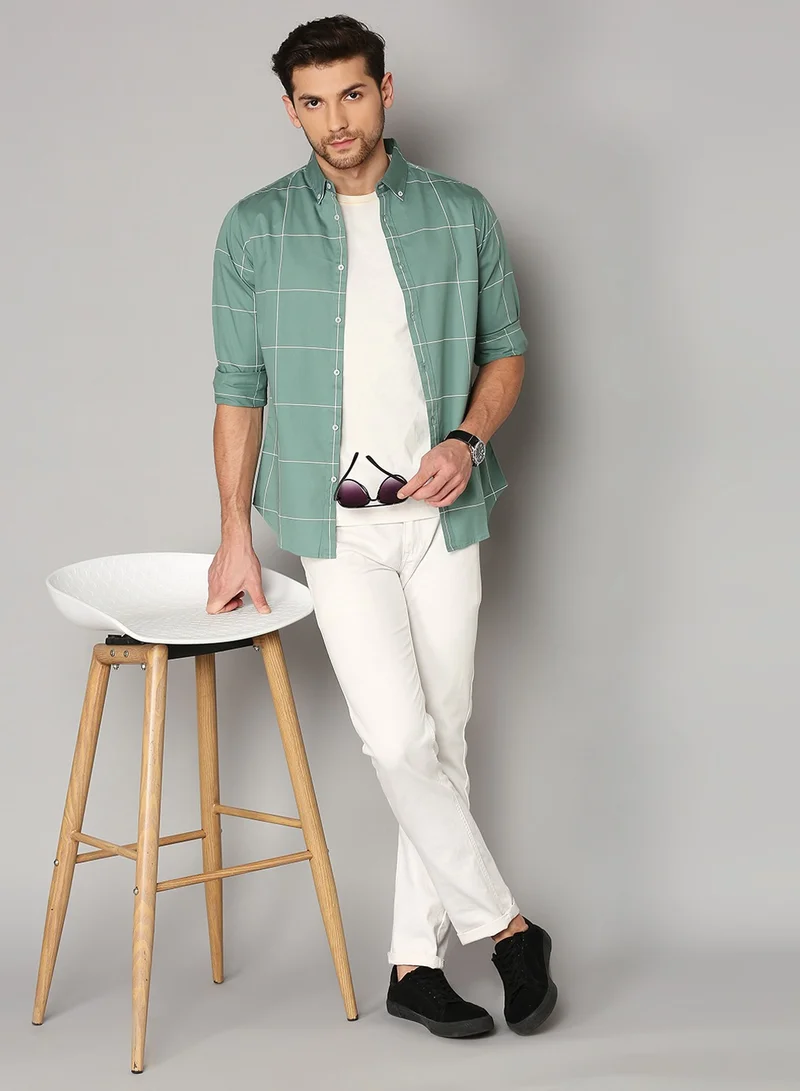 Dennis Lingo Slim Fit Green Casual Shirt - 100% Cotton