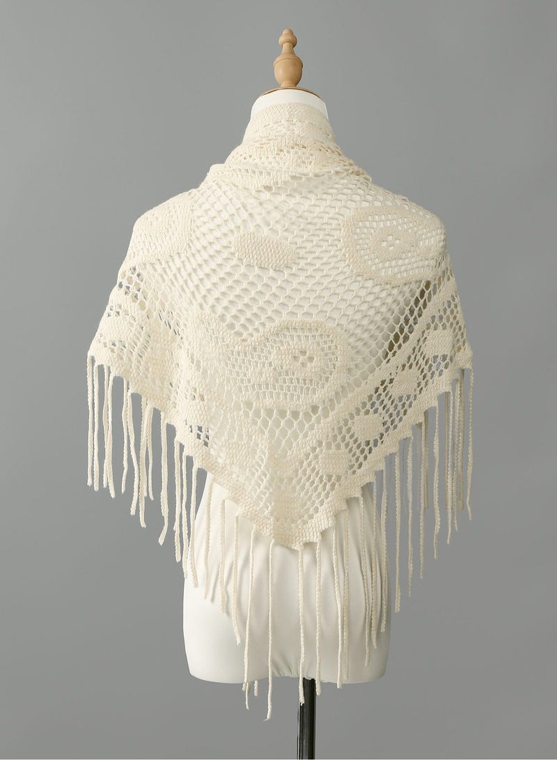 ISI New Women Solid Color Triangle Tassel Knit Scarf, Cashew Pattern Plain Knitted Wrap Triangle Shawl - Image 3