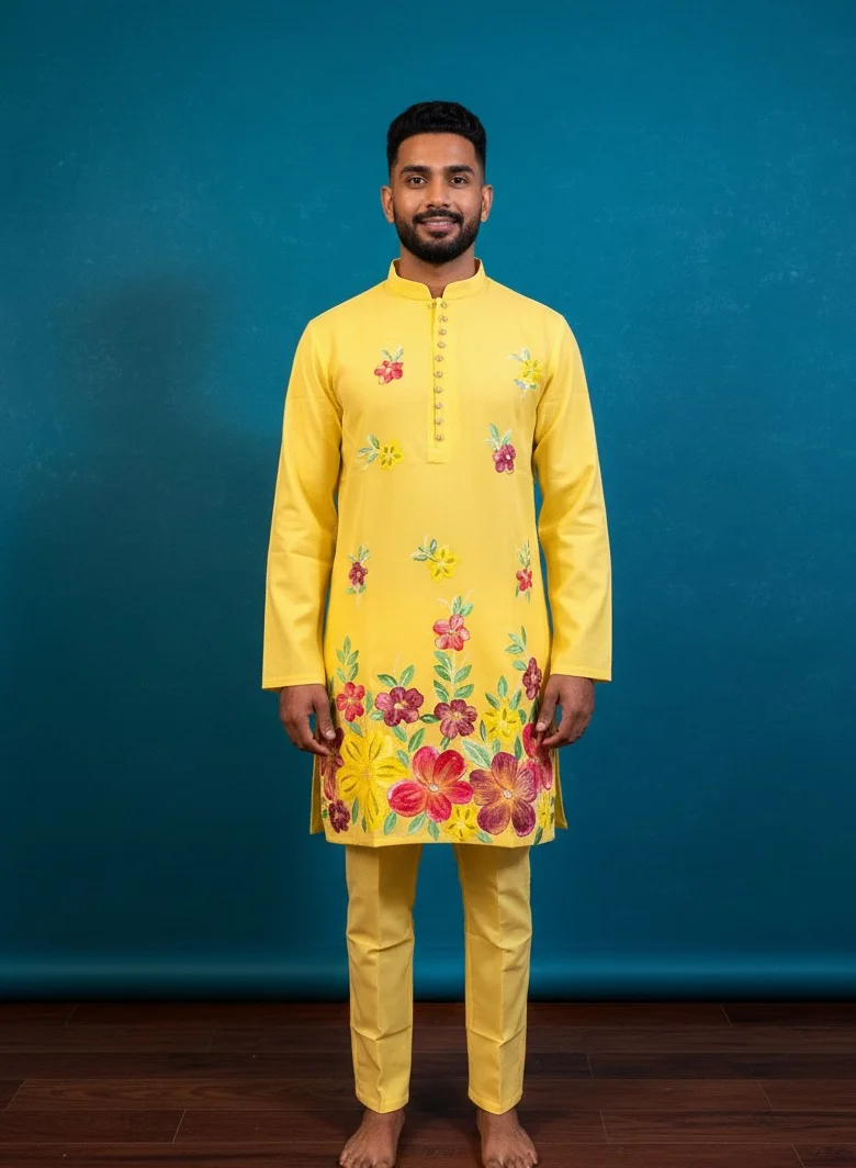 Lehar Yellow Embroidered Cotton Kurta Co-rd Set with Bootcut Pants