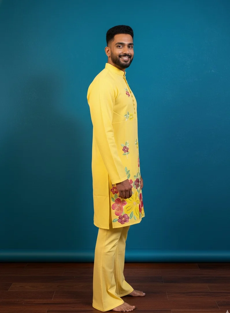 Lehar Yellow Embroidered Cotton Kurta Co-rd Set with Bootcut Pants