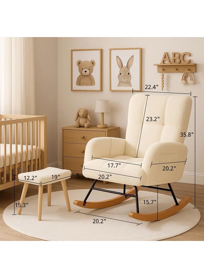 COMHOMA Nursery Rocking Chair with Ottoman,Teddy Glider Rocking Chair,Accent Chair with High Backrest Reading Chair for Adult,Nursery,Bedroom,Living Room,Offices(Beige with Ottoman) - Image 2
